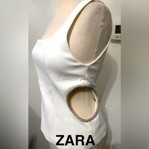 ZARA White One Shoulder Top With Rhinestone Trim Cutout Detail - Size M …
